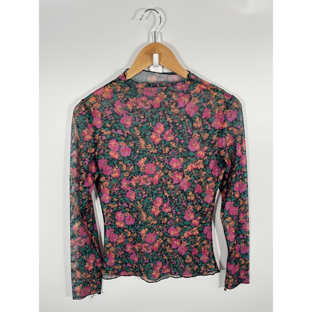 Women Mesh Mock Neck Shirt M Pink Floral Sheer Festival Rave Lightweight Stretch